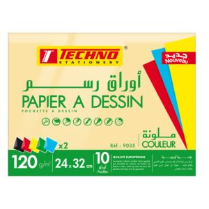 PAPIER A DESSIN COULEURS POCHETTE 10 FEUILLES 24cmx32cm 120g "TECHNO" REF: 9035