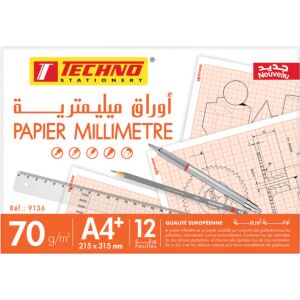 PAPIER MILLIMETRE 70g POCHETTE 12 FEUILLES A4 AVEC 21.5x31.5cm "TECHNO" REF: 9136