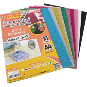 PAPIER MOUSSE ADHESIVE PAILLETTE A4 PAQUET DE 10 COULEURS PASTEL "TECHNO" REF: 4918