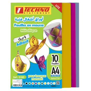 FEUILLES EN MOUSSE ADHESIVES METALLIQUES A4 PAQUET DE 10 COULEURS "TECHNO" REF: 5185