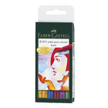 ENSEMBLE PITT ARTIST PEN COULEURS DE BASE POCHETTE DE 6 PIECES "FABER CASTELL" REF: 167103