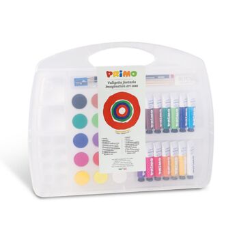 MALLETTE CREATIVE 14 COULEURS x 12ml + 15 PASTILLES 30mm+GOMME+CRAYON "PRIMO" REF: 272CS2P