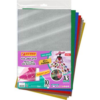 PAPIER MOUSSE ADHESIF A3 02mm PAQUET DE 10 COULEURS "TECHNO" REF: 4999