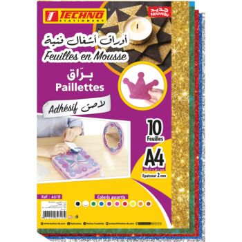 PAPIER MOUSSE ADHESIVE PAILLETE A4 PAQUET DE 10 COULEURS "TECHNO" REF: 4618