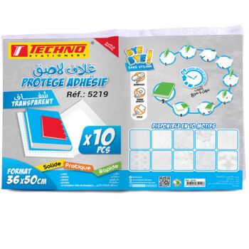 PROTEGE LIVRE ADHESIF 36x50 cm CRISTAL TRANSPARENT PQT 10 PCS "TECHNO" REF: 5219